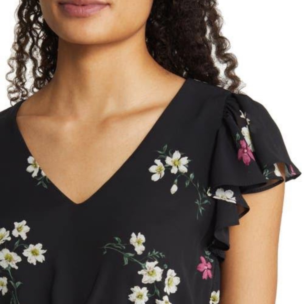 Vince Camuto Floral Print Flutter Sleeve V Neck Smocked Waist Midi Dress - Picture 7 of 7